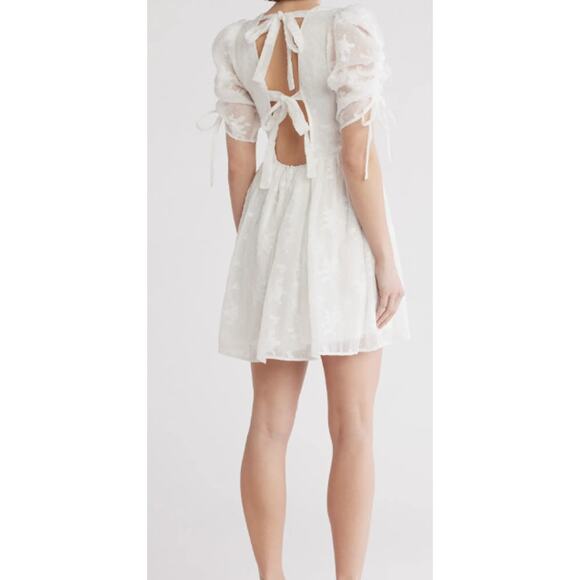 Lush White Floral Embroidery Puffy Sleeve Open Back Fit & Flare Mini Dress Small - Picture 10 of 11